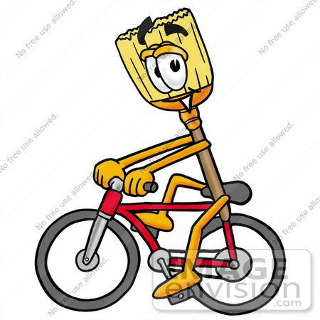 #22693 Clip Art Graphic of a Straw Broom Cartoon Character Riding a Bicycle by toons4biz
