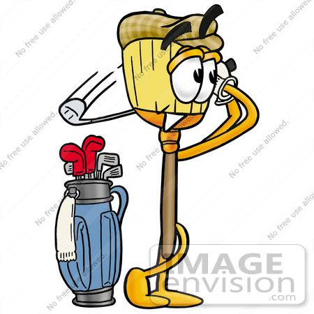 #22694 Clip Art Graphic of a Straw Broom Cartoon Character Swinging His Golf Club While Golfing by toons4biz