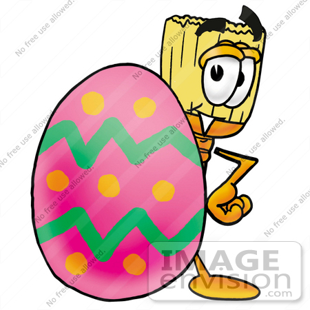 #22695 Clip Art Graphic of a Straw Broom Cartoon Character Standing Beside an Easter Egg by toons4biz