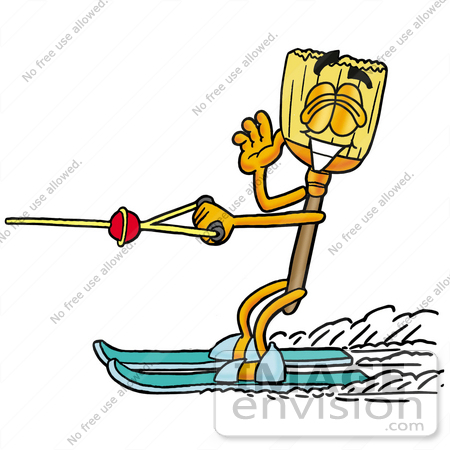 #22702 Clip Art Graphic of a Straw Broom Cartoon Character Waving While Water Skiing by toons4biz