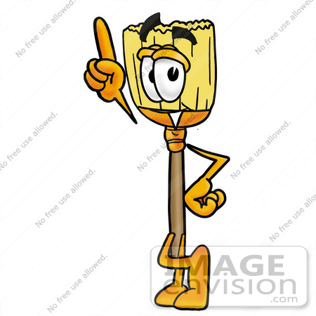 #22703 Clip Art Graphic of a Straw Broom Cartoon Character Pointing Upwards by toons4biz