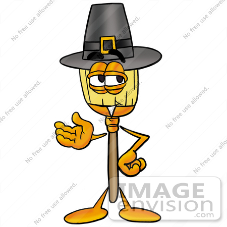 #22705 Clip Art Graphic of a Straw Broom Cartoon Character Wearing a Pilgrim Hat on Thanksgiving by toons4biz
