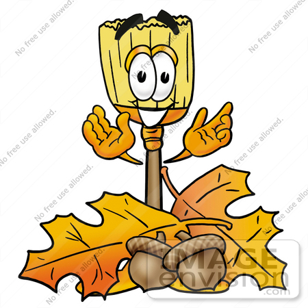 #22706 Clip Art Graphic of a Straw Broom Cartoon Character With Autumn Leaves and Acorns in the Fall by toons4biz