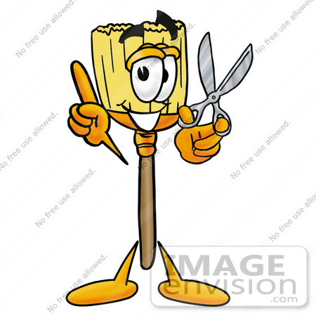 #22707 Clip Art Graphic of a Straw Broom Cartoon Character Holding a Pair of Scissors by toons4biz
