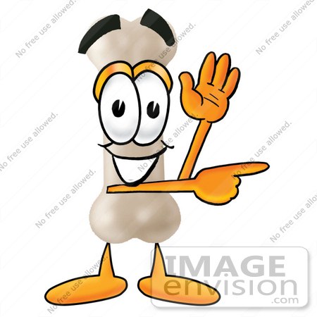 #22713 Clip art Graphic of a Bone Cartoon Character Waving and Pointing by toons4biz