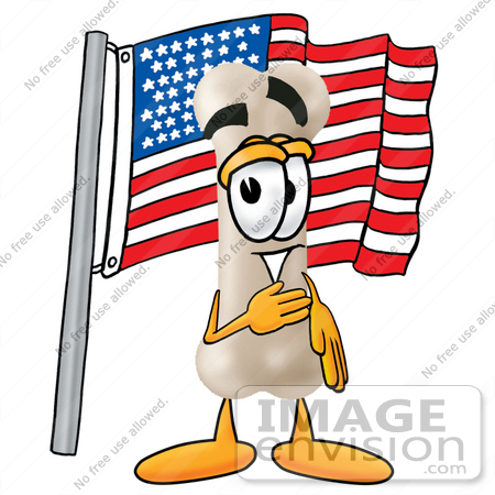 #22725 Clip art Graphic of a Bone Cartoon Character Pledging Allegiance to an American Flag by toons4biz