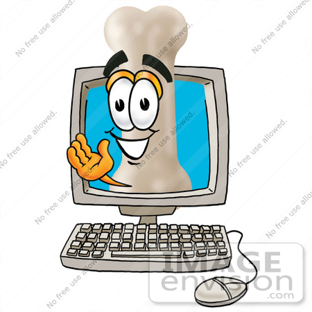 #22726 Clip art Graphic of a Bone Cartoon Character Waving From Inside a Computer Screen by toons4biz