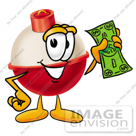 #22739 Clip art Graphic of a Fishing Bobber Cartoon Character Holding a Dollar Bill by toons4biz
