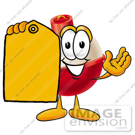 #22745 Clip art Graphic of a Fishing Bobber Cartoon Character Holding a Yellow Sales Price Tag by toons4biz