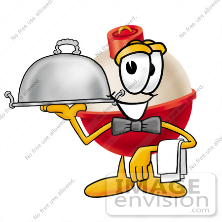 #22754 Clip art Graphic of a Fishing Bobber Cartoon Character Dressed as a Waiter and Holding a Serving Platter by toons4biz