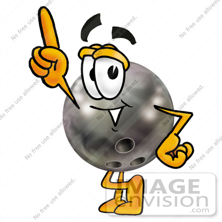 #22762 Clip Art Graphic of a Bowling Ball Cartoon Character Pointing Upwards by toons4biz