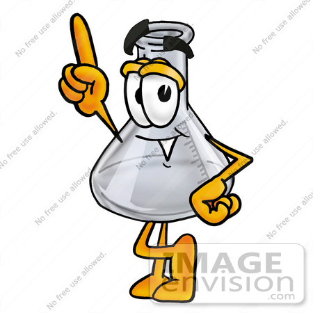 #22763 Clip art Graphic of a Beaker Laboratory Flask Cartoon Character Pointing Upwards by toons4biz