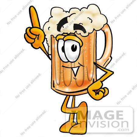 #22765 Clip art Graphic of a Frothy Mug of Beer or Soda Cartoon Character Pointing Upwards by toons4biz