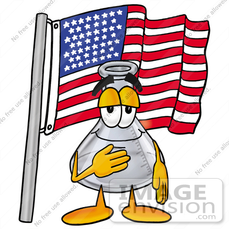 #22771 Clip art Graphic of a Beaker Laboratory Flask Cartoon Character Pledging Allegiance to an American Flag by toons4biz