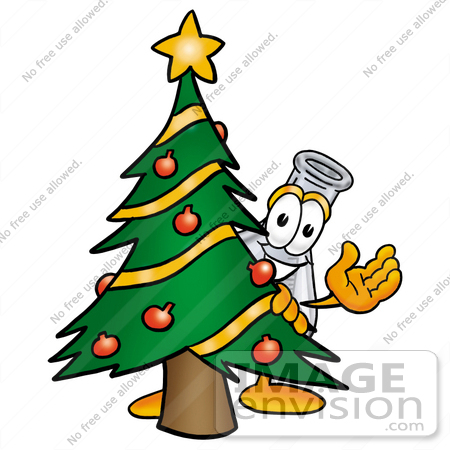 #22773 Clip art Graphic of a Beaker Laboratory Flask Cartoon Character Waving and Standing by a Decorated Christmas Tree by toons4biz