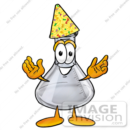 #22780 Clip art Graphic of a Beaker Laboratory Flask Cartoon Character Wearing a Birthday Party Hat by toons4biz