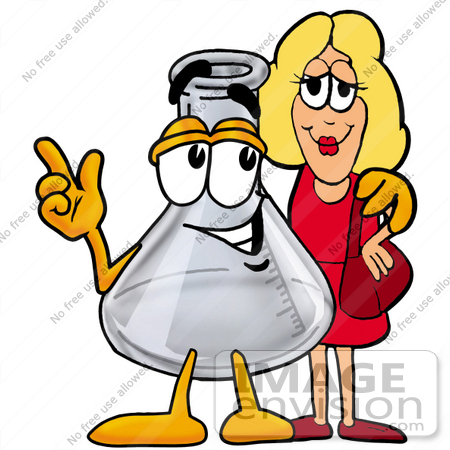 #22781 Clip art Graphic of a Beaker Laboratory Flask Cartoon Character Talking to a Pretty Blond Woman by toons4biz