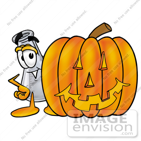 #22783 Clip art Graphic of a Beaker Laboratory Flask Cartoon Character With a Carved Halloween Pumpkin by toons4biz