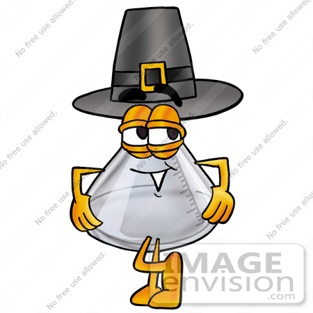 #22784 Clip art Graphic of a Beaker Laboratory Flask Cartoon Character Wearing a Pilgrim Hat on Thanksgiving by toons4biz