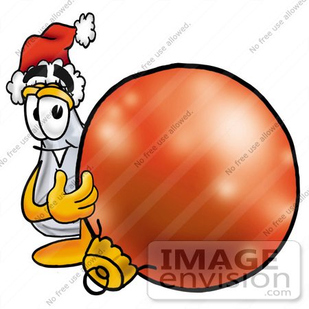 #22788 Clip art Graphic of a Beaker Laboratory Flask Cartoon Character Wearing a Santa Hat, Standing With a Christmas Bauble by toons4biz