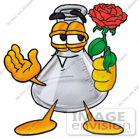 #22791 Clip art Graphic of a Beaker Laboratory Flask Cartoon Character Holding a Red Rose on Valentines Day by toons4biz