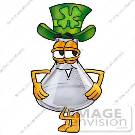 #22792 Clip art Graphic of a Beaker Laboratory Flask Cartoon Character Wearing a Saint Patricks Day Hat With a Clover on it by toons4biz