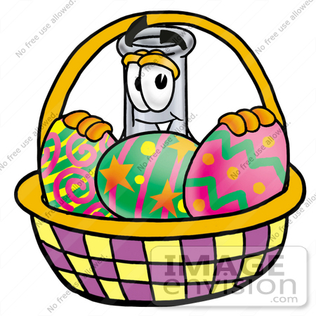 #22793 Clip art Graphic of a Beaker Laboratory Flask Cartoon Character in an Easter Basket Full of Decorated Easter Eggs by toons4biz
