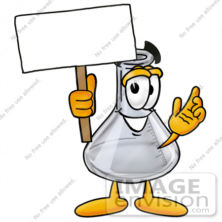 #22798 Clip art Graphic of a Laboratory Flask Beaker Cartoon Character Holding a Blank Sign by toons4biz