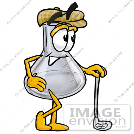 #22799 Clip art Graphic of a Laboratory Flask Beaker Cartoon Character Leaning on a Golf Club While Golfing by toons4biz