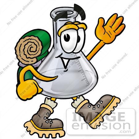 #22806 Clip art Graphic of a Laboratory Flask Beaker Cartoon Character Hiking and Carrying a Backpack by toons4biz