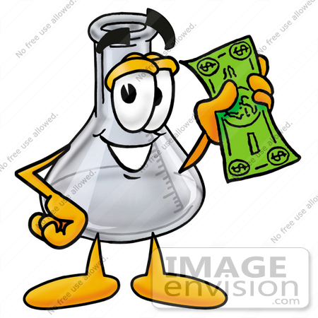 #22807 Clip art Graphic of a Laboratory Flask Beaker Cartoon Character Holding a Dollar Bill by toons4biz