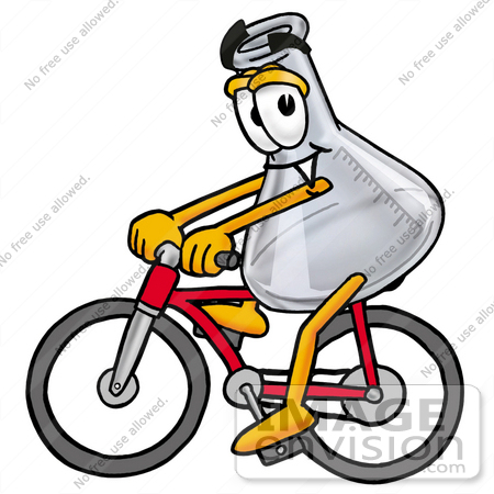 #22814 Clip art Graphic of a Laboratory Flask Beaker Cartoon Character Riding a Bicycle by toons4biz