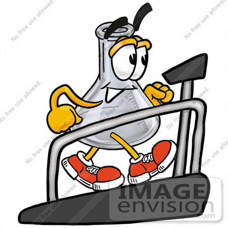#22818 Clip art Graphic of a Laboratory Flask Beaker Cartoon Character Walking on a Treadmill in a Fitness Gym by toons4biz