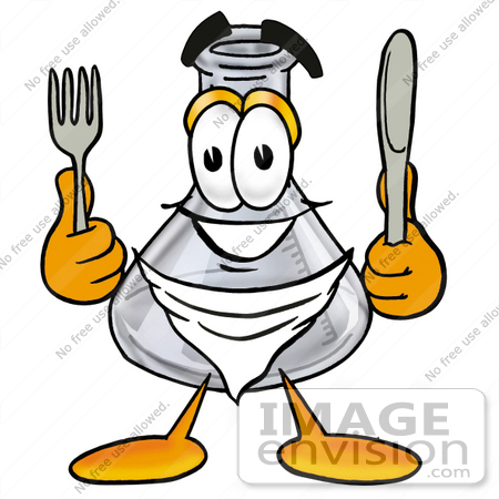 #22819 Clip art Graphic of a Laboratory Flask Beaker Cartoon Character Holding a Knife and Fork by toons4biz