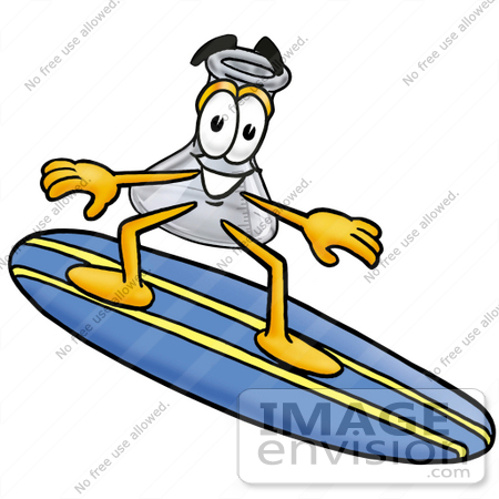 #22820 Clip art Graphic of a Laboratory Flask Beaker Cartoon Character Surfing on a Blue and Yellow Surfboard by toons4biz