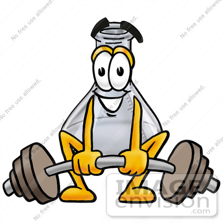 #22823 Clip art Graphic of a Laboratory Flask Beaker Cartoon Character Lifting a Heavy Barbell by toons4biz