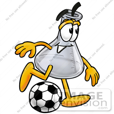 #22824 Clip art Graphic of a Laboratory Flask Beaker Cartoon Character Kicking a Soccer Ball by toons4biz