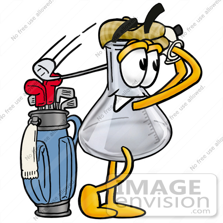 #22829 Clip art Graphic of a Laboratory Flask Beaker Cartoon Character Swinging His Golf Club While Golfing by toons4biz