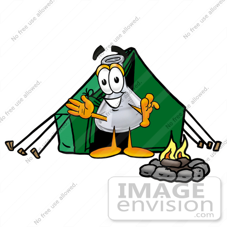 #22830 Clip art Graphic of a Laboratory Flask Beaker Cartoon Character Camping With a Tent and Fire by toons4biz