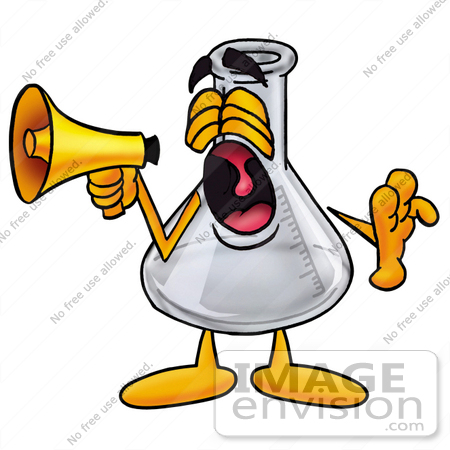 #22836 Clip art Graphic of a Laboratory Flask Beaker Cartoon Character Screaming Into a Megaphone by toons4biz