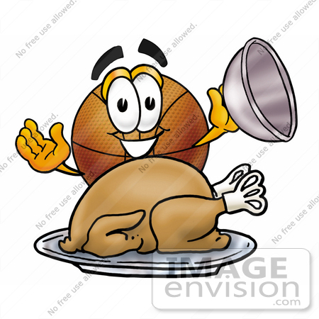 #22837 Clip art Graphic of a Basketball Cartoon Character Serving a Thanksgiving Turkey on a Platter by toons4biz