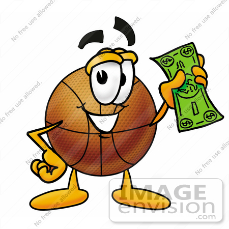 #22844 Clip art Graphic of a Basketball Cartoon Character Holding a Dollar Bill by toons4biz