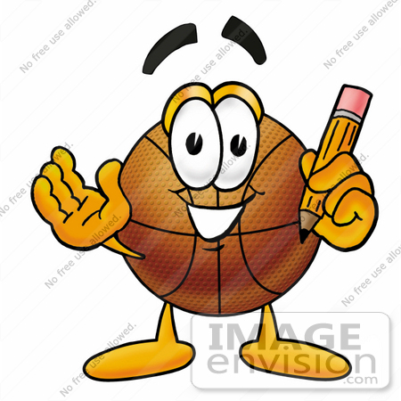 #22857 Clip art Graphic of a Basketball Cartoon Character Holding a Pencil by toons4biz