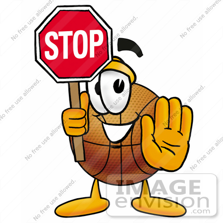 #22858 Clip art Graphic of a Basketball Cartoon Character Holding a Stop Sign by toons4biz
