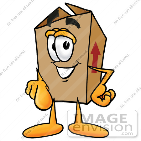 #22873 Clip Art Graphic of a Cardboard Shipping Box Cartoon Character Pointing at the Viewer by toons4biz