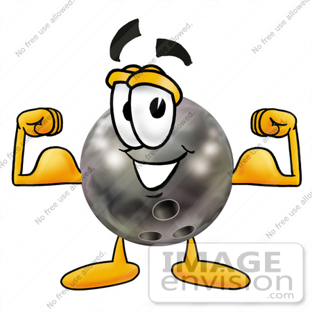 #22875 Clip Art Graphic of a Bowling Ball Cartoon Character Flexing His Arm Muscles by toons4biz