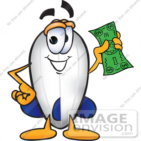 #22885 Clip art Graphic of a Dirigible Blimp Airship Cartoon Character Holding a Dollar Bill by toons4biz