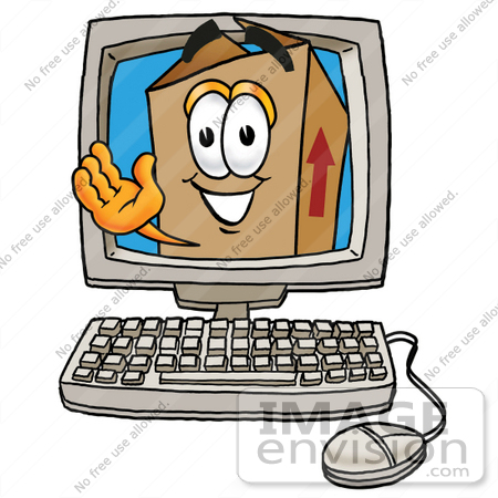 #22889 Clip Art Graphic of a Cardboard Shipping Box Cartoon Character Waving From Inside a Computer Screen by toons4biz