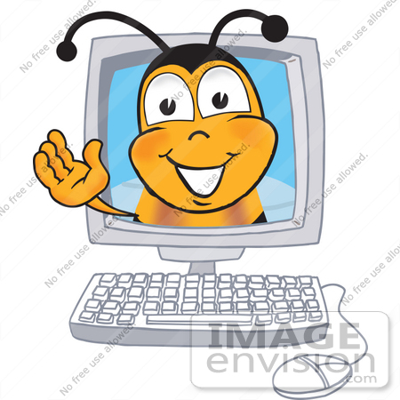 #22890 Clip art Graphic of a Honey Bee Cartoon Character Waving From Inside a Computer Screen by toons4biz
