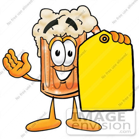 #22895 Clip art Graphic of a Frothy Mug of Beer or Soda Cartoon Character Holding a Yellow Sales Price Tag by toons4biz
